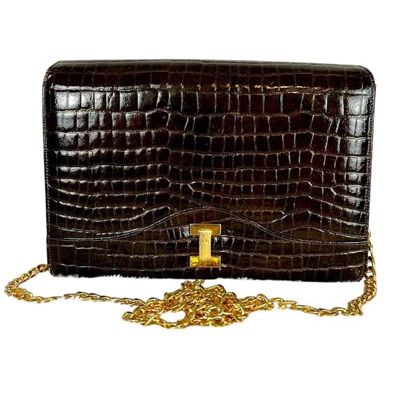 Bienen-Davis Vintage Brown Croc Embossed Leather Purse Gold Hardware Iconic - Picture 1 of 15